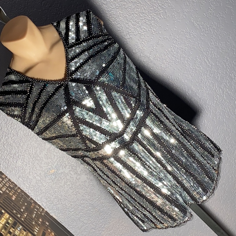 METME - NWT - sleeveless top w gorge silver sequin Art Deco styling on mesh - L